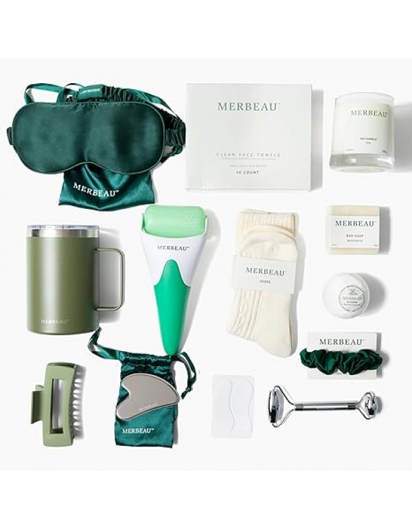 Luxury Self Care 13 Piece Gift Set – Non-Toxic, Clean Ingredients, Naturally-Scented Essential Oils, Candle, Socks, Bar Soap, Bath Bomb, Clean Towels, Hair Clip, Tumbler & More – Spa Kit, NEW