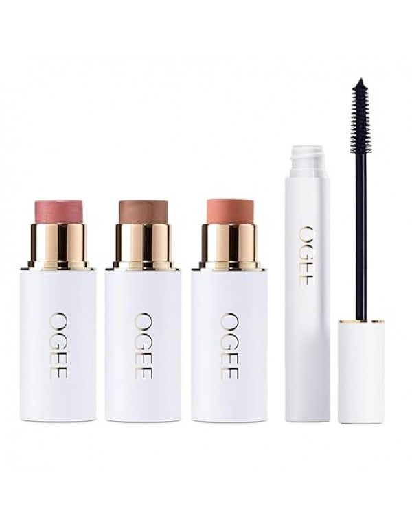 Ogee Volumizing Mascara & Face Stick Trio Bundle - Organic Black Mascara with Golden Contour Collection
