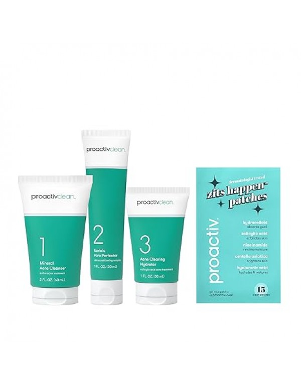 Proactiv Clean 3 Step Acne Routine w/ Pimple Patches- Sulfur Acne Treatment Cleanser, Azelaic Acid Serum, and Facial Moisturizer for Sensitive, Acne-Prone Skin- 30 Day Acne Kit with Pimple Patches