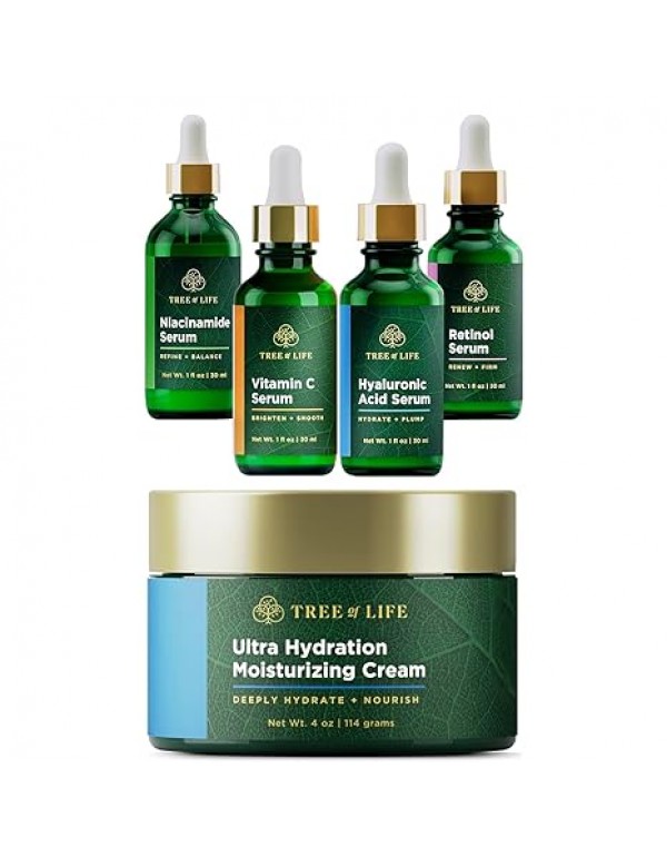 Tree of Life Beauty Facial Skin Care Set - Niacinamide + Vitamin C + Retinol + Hyaluronic Acid Serum - 4 count (1 Fl Oz) and Hydrating and Moisturizing Face Cream Botanical Hyaluronic Acid - 4 Fl Oz