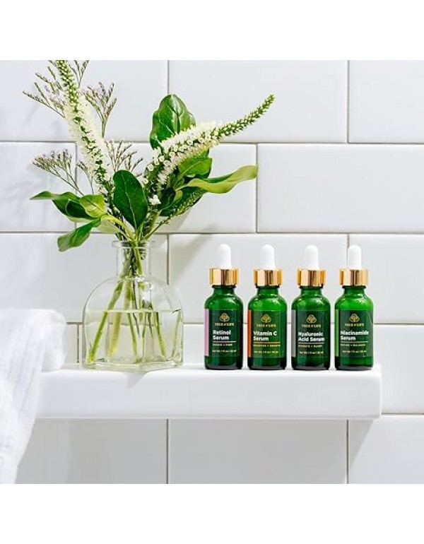 Tree of Life Beauty Facial Skin Care Set - Niacinamide + Vitamin C + Retinol + Hyaluronic Acid Serum - 4 count (1 Fl Oz) and Hydrating and Moisturizing Face Cream Botanical Hyaluronic Acid - 4 Fl Oz