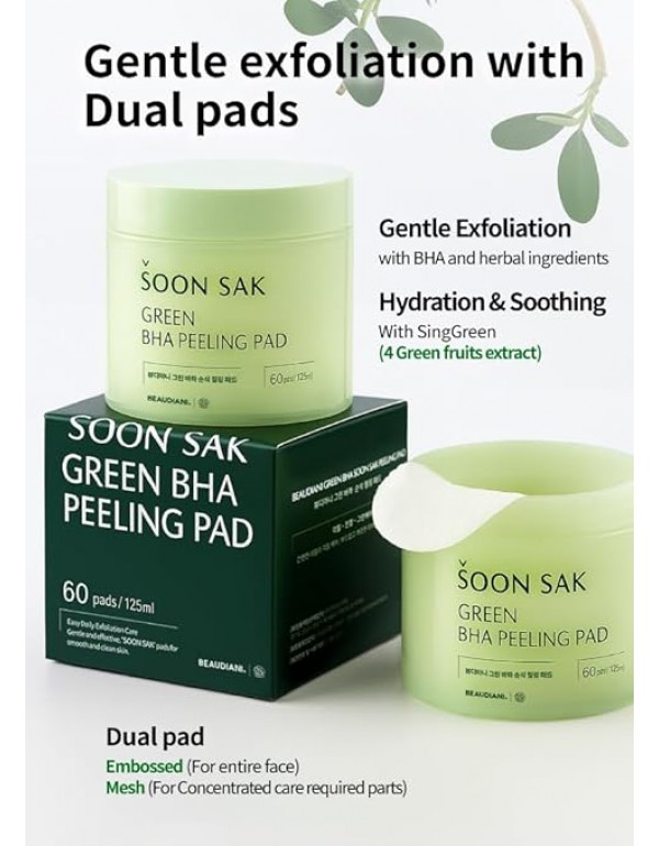 BEAUDIANI Green BHA Peeling Pad 60ct | Korean Exfoliating Toner Pads | Minimize Pores, Soothe Blemish-Prone Skin | Gentle Daily Chemical Exfoliant | K-Beauty Skincare