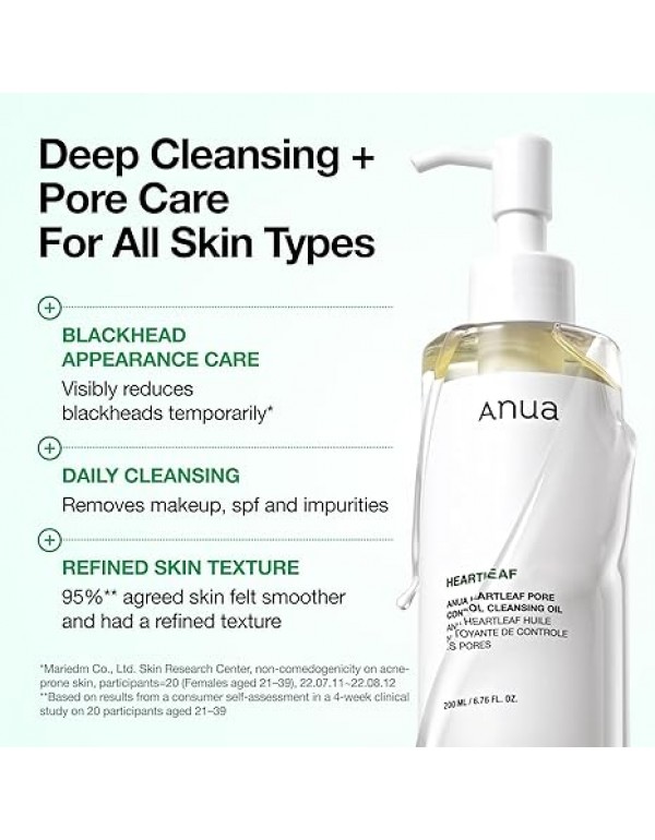 Anua Heartleaf Pore Control Cleansing Oil, Pore Cleanser, Sebum Care, Gentle Melting Oil Cleanser for Face, Safe For All Skin Type, Daily Hydrating Makeup Remover, Korean Skin Care (6.76fl.oz)