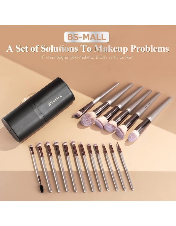 BS-MALL Makeup Brush Set 18 Pcs Premium Synthetic Foundation Powder Concealers Eye shadows Blush Makeup Brushes with black case (A-Champagne)